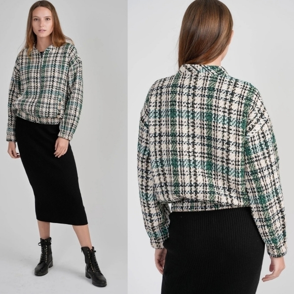 New Zara Plaid Textured Tweed Oversized Bomber Green Chanel Style Jacket NWT XS - Picture 1 of 17